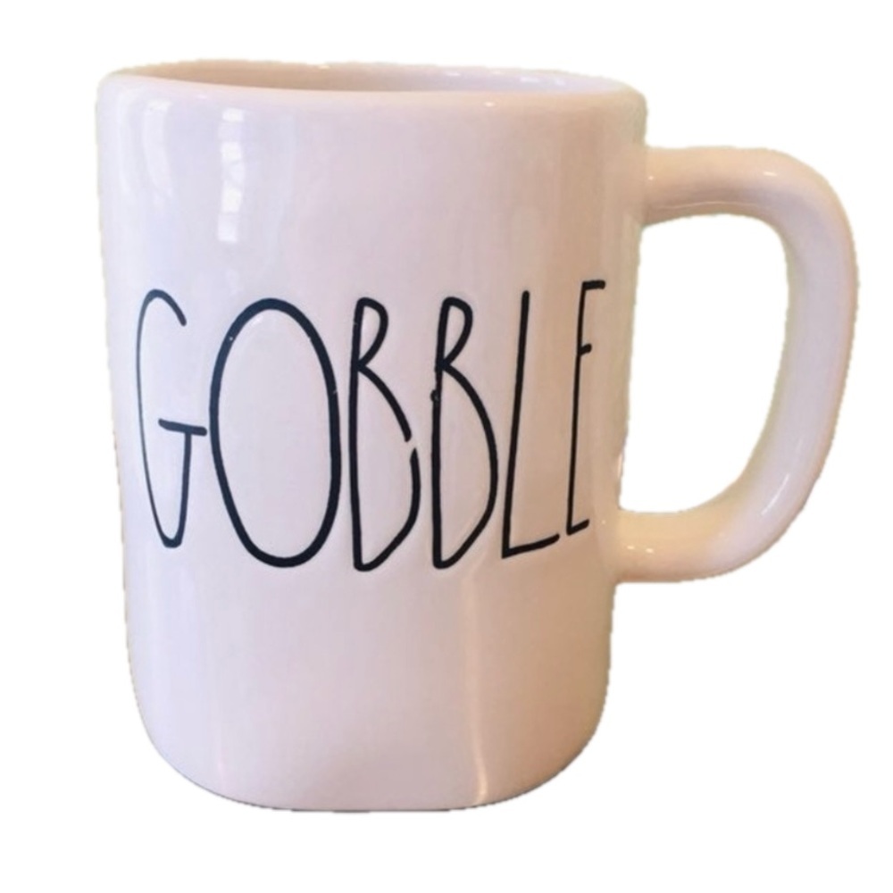 Rae Dunn M Stamped Gobble Mug Coffee Tea Magenta black white